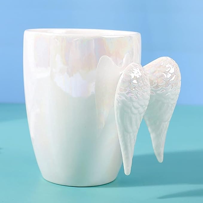 230ml Angel Wings Coffee Mug, Novelty Colorful Ceramic Cup with Angel Wing Handle, Gift for Mother's Day | Christmas | Birthday | Bridal Engagement | Wedding (White Handle)