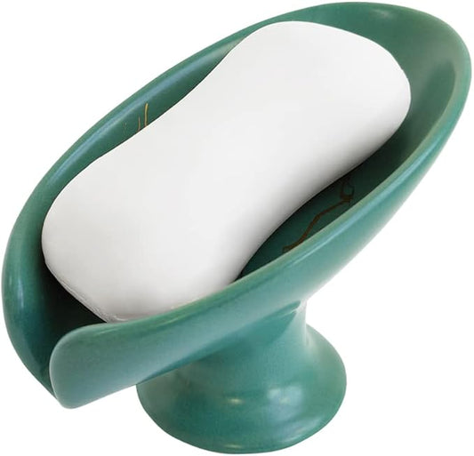 Leaf-Shape Ceramic Soap Dish, Gold Marble Pattern, Easy to Clean, Self Draining Soap Holder, Keeps Soap Dry (Green)