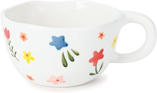 Koythin Ceramic Coffee Mug, Handmade Hot Chocolate Mugs, Cute Cup for Girl Women, Aesthetic Tea Milk Cup with Handle, 8.5 oz/250 ml for Latte, Cocoa, Office, Home (White Floral)