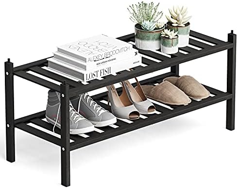 Shoe Rack, 2-Tier Bamboo Stackable Shelf Storage Organizer, Stand for Closet, Entryway and Hallway （Black）