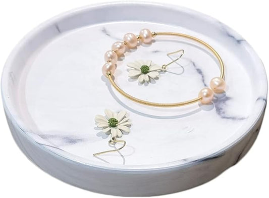 Elegant Marbled Round Jewelry Dish Key Holder, White Ceramic Vanity Tray Bathroom Organizer for Soap Perfume Candle Small Plant, Mini Dresser Organizer Home Decor(Grey Striped, Circular, 4.7")