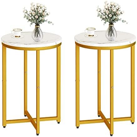 DKLGG Modern Gold Side Table Set of 2, Small Coffee Table Round End Table with Gold Frame, Marble Side Table Bedside Table for Living Room, Bedroom, Small Space, 16" D*24" H