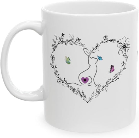 Cat Kissing a Butterfly Ceramic Coffee Mugs for Women, Black Heart Mug with a Kitty Kissing Butterflies, Cute Mugs Aesthetic (11oz), White, 17390492692989885872