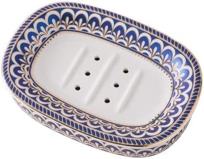 Self Draining Soap Dish, Double-Layer Bar Soap Tray, White Ceramic Soap Dish with Elegant Patterns (Style C)