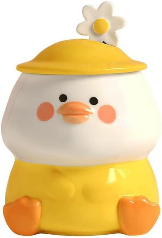 Cute 3D Duck Coffee Mug,Funny Duck Ceramic Coffee Cup with Hat Lid and Lovely Flower Spoon,White Elephant Gifts for Adult Women Men Friends Gag Gifts Christmas Birthday Gifts for Women Girls