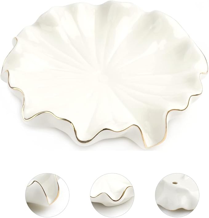 Soap Dish with Drain Ceramic White Lotus Leaf Soap Holder Soap Saver for Bar Soap, Kitchen Sink, and Bathroom Shower