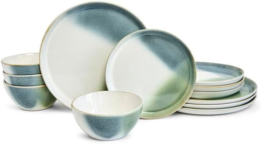 Sango 12-Piece Stoneware Dinnerware Set Color Block Reactive – Service for 4, Dinner Plates, Salad Plates & Cereal Bowls, Durable Stoneware, Dishwasher Safe, for Everyday Dining & Entertainment