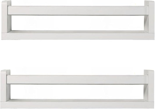 Nursery Book Shelves | Set of 2 Wood Floating Shelves for Kids Room, Kitchen Spice Rack, or Rustic Wall Mounted | Farmhouse Bathroom Décor (Rustic White)