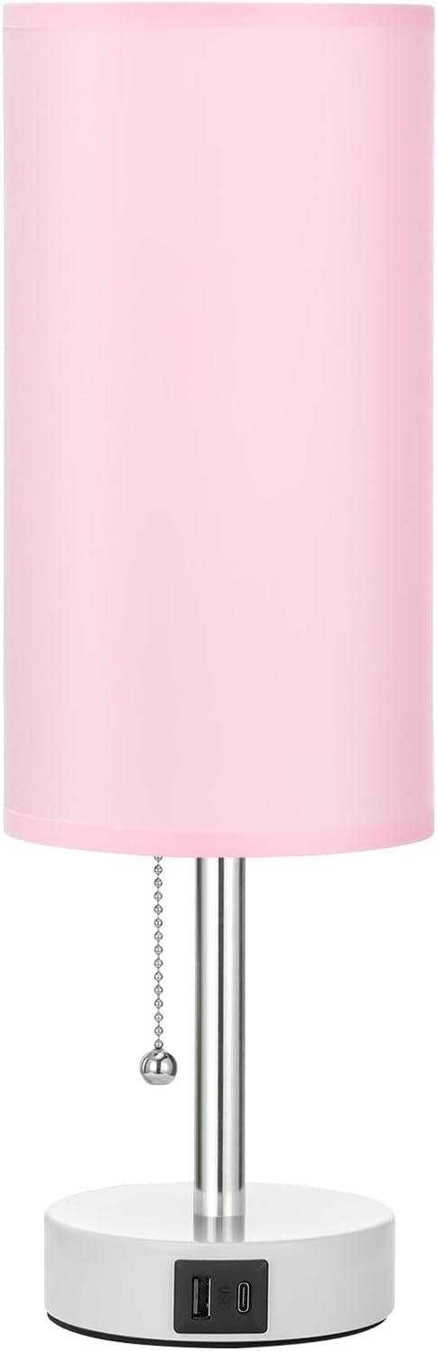 Hong-in Pink Bedside Lamp - 3 Color Modes, Small Lamp with USB-C and USB-A Charging Ports, Pull Chain, Nightstand Light for Bedroom, Office, Kids Room (Bulb Included)