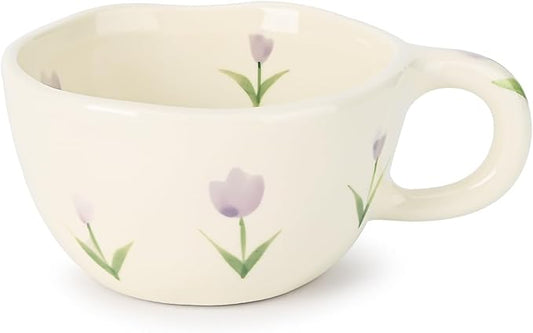 Koythin Ceramic Coffee Mug, Handmade Hot Chocolate Mugs, Cute Cup for Girl Women, Aesthetic Tea Milk Cup with Handle, 8.5 oz/250 ml for Latte, Cocoa, Office, Home (Purple Tulip)