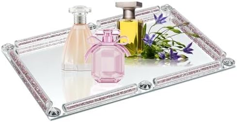 Large Mirrored Vanity Tray, Crushed Diamond Filled Crystal Glass Cosmetic Makeup Tray, Sparkle Perfume Jewelry Trinket Countertop Decorative Tray, for Home Party Hotel Banquet Dresser Bathroom Bedroom