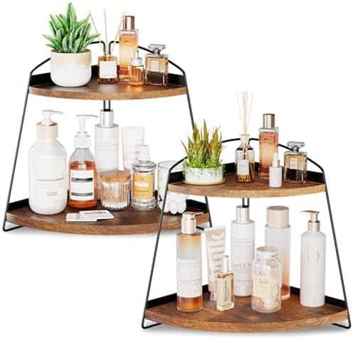 Puricon Bathroom Counter Organizer, 2 Tier Corner Countertop Storage Shelf Bathroom Sink Organizer, Wood Triangle Bathroom Organization for Skincare Kitchen Vanitity -Brown, 2 Pack