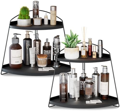 Puricon Bathroom Counter Organizer, 2 Tier Corner Countertop Storage Shelf Bathroom Sink Organizer, Wood Triangle Bathroom Organization for Skincare Kitchen Vanitity -Black, 2 Pack