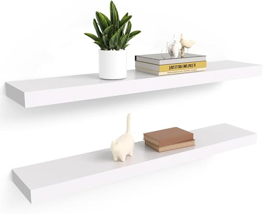 Floating Shelves for Wall, 35.5 Inch Long Natural Wood Shelf, White Rustic Decor for Bathroom Kitchen Bedroom, Hanging Mounted Invisible Bracket, Set of 2