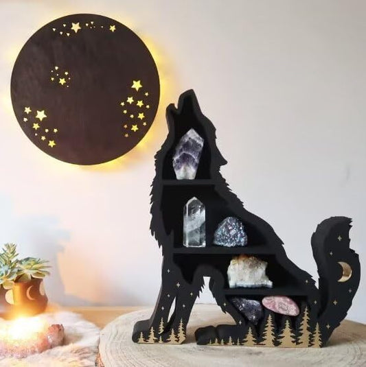 Wooden Crescent Wolf Shelf Wall Decor - Decorative Boho Home Hanging Display Shelf for Bedroom, Dorm, Nursery - Easy Mount Storage for Crystals and Essential Oils