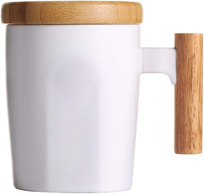 HOWAY Flat Bottom Mug with Wood Lid, Ceramic Tea Cup for Coffee Warmer, Universal, Flat Bottomed, Wooden Handle, 14oz