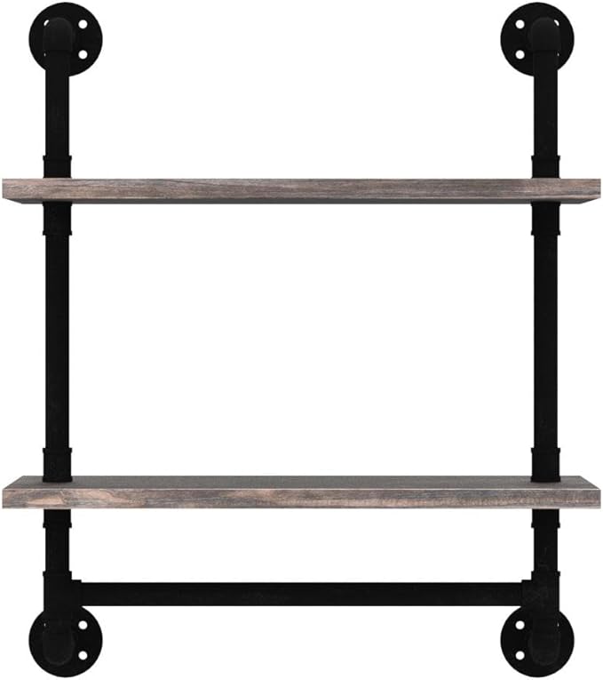 Industrial Pipe Shelving,Iron Pipe Shelves Bathroom Shelves with Towel bar,24in Rustic Metal Pipe Floating Pipe Wall Shelf,2 Tier Industrial Wall Mounted,Retro Brown