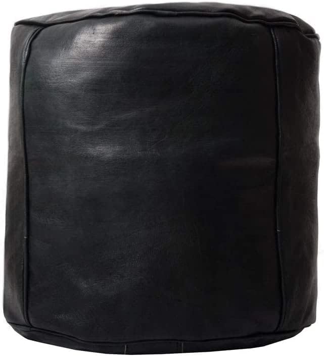 Unstuffed Genuine Black Leather Pouf | Moroccan Ottoman Footstool, Footrest Cover | Super Soft Handmade Ottoman Pouf Comes in 18x16 inches