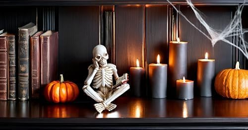 Skeletons Halloween Decorations, Reader Skull Figurines, Cool Home Decorative Halloween Gothic Statue Horror Sculpture Bookshelf Desk Table Indoor Decor