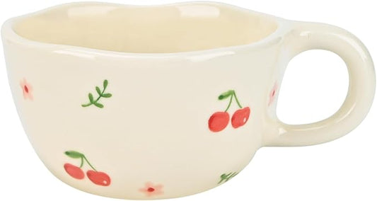 Koythin Ceramic Coffee Mug, Handmade Hot Chocolate Mugs, Cute Cup for Girl Women, Aesthetic Tea Milk Cup with Handle, 8.5 oz/250 ml for Latte, Cocoa, Office, Home (Cherry Flower)