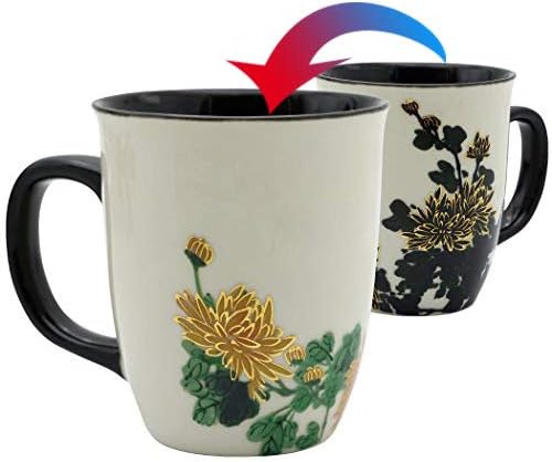 Funny Ceramic Magic Heat Color Changing Art Coffee Tea Mug Gold Chrysanthemum Printing Porcelain Mugs for Women Personalized White Green Tea Cup 16 oz Large coffee Mugs for Mom Girl Grandma