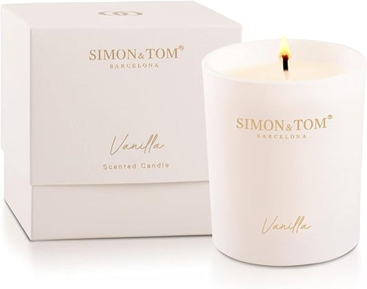 Simon&Tom Highly Scented Premium Vanilla Candle 10 Oz - 100 Hour Burn - Natural Organic Soy Wax - Aromatherapy Glass Candle Jar - Candle Jar with Matte White Gift Box for Home & Office - Vegan