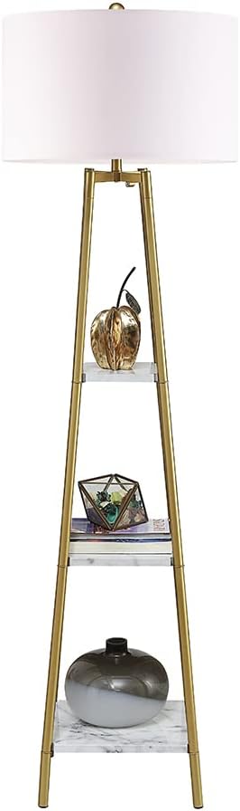 Floor Lamp, Standing Reading Light with Shelves and Gold Shade, Modern Tall Pole Lamp, Accent Furniture Décor Lighting for Living Room, Bedrooms (Gold, White Shade)