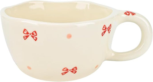 Koythin Ceramic Coffee Mug, Handmade Hot Chocolate Mugs, Cute Cup for Girl Women, Aesthetic Tea Milk Cup with Handle, 8.5 oz/250 ml for Latte, Cocoa, Office, Home (Cute Bow)