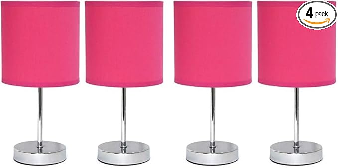 Simple Designs LT2007-HPK-2PK Chrome Mini Basic Table Lamp with Fabric Shade 4 Pack Set, Hot Pink