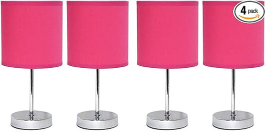 Simple Designs LT2007-HPK-2PK Chrome Mini Basic Table Lamp with Fabric Shade 4 Pack Set, Hot Pink
