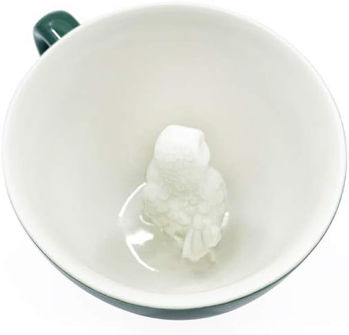 Creature Cups OWL Ceramic Cup (11 Ounce, Emerald Green Exterior) - Hidden 3D Animal Inside Emerges As You Drink - Holiday, Birthday Drinkware Gift for Farm Animal, Bird, Coffee & Tea Lovers