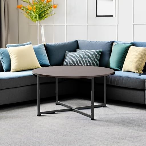 Household Essentials Jamestown Round Coffee Table Mid Century Walnut Wood Grain and Black Metal