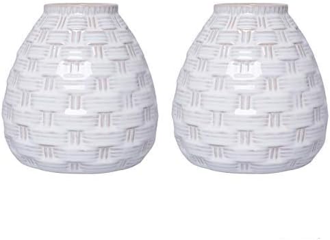 Hosley Set of 2 White Weave Ceramic Vases 5.75 Inch High. Ideal Gift for Home Weddings Party Spa Meditation Home Office Reiki Meditation Floral Arrangements W5