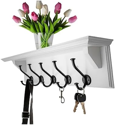 Wall Coat Rack with Shelf – 24” Entryway Shelf with Hooks – Solid Wood Key Rack with 5 Metal Hooks – White Wall Mounted Coat Organizer for Entryway, Kitchen or Bathroom