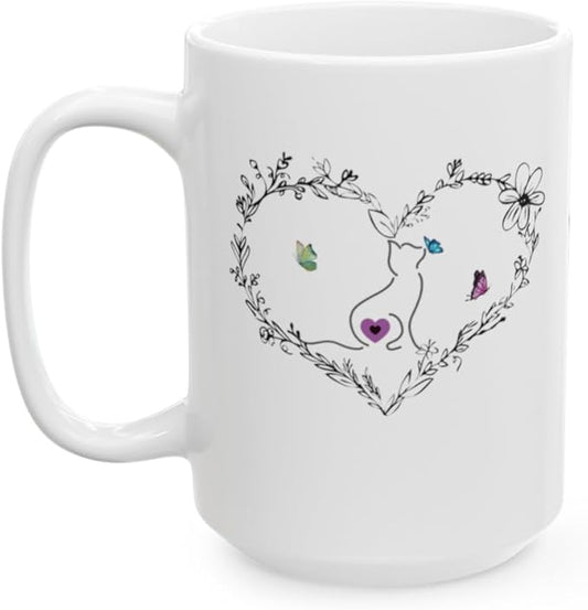 Cat Kissing a Butterfly Ceramic Coffee Mugs for Women, Black Heart Mug with a Kitty Kissing Butterflies, Cute Mugs Aesthetic (15oz), White, 17390492692989885872