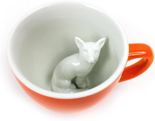 Creature Cups FOX Ceramic Cup (11 Ounce, Red Orange) - Hidden 3D Woodland Animal Inside Mug Emerges As You Drink - Holiday, Birthday, Housewarming Drinkware Gift for Coffee & Tea Lovers