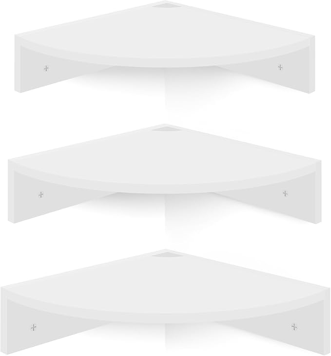Homode Floating Corner Shelves, Set of 3 Wood Corner Wall Shelves with Wire Hole, 12 Inch Deep Hanging Corner Display Shelf for Living Room, Kitchen, Bedroom, White