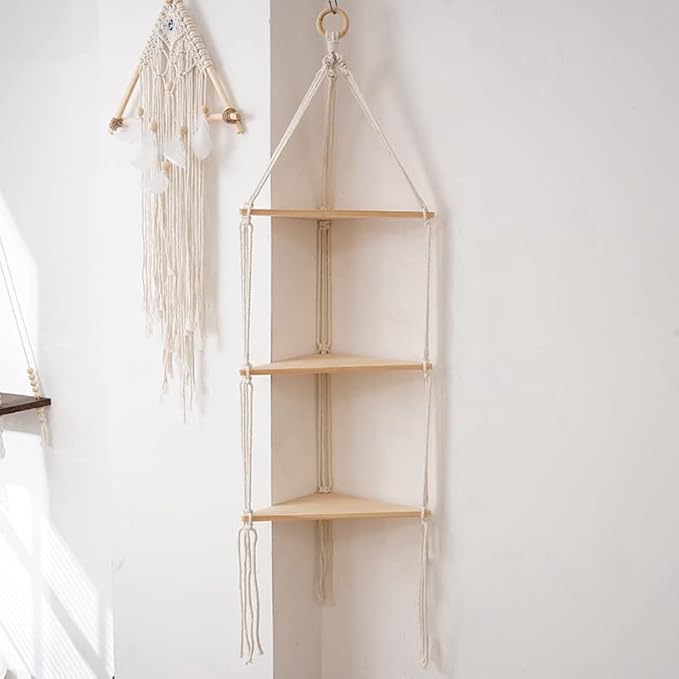 Macrame Wall Hanging Shelf Tassel Woven Macramé Shelves,Boho Wall Hanging Shelves for Small Plants Photo Frames,Home Living Room Bedroom Balcony Decor (3T)