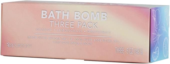 SpaRoom Soothe and Relax Handmade Natural Essential Oil Aromatherapy Bath Bombs, Set of 3, Orange, Lemongrass and Grapefruit