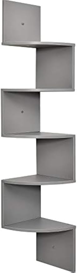 Greenco Corner Wall Shelf, 5 Tier Floating Shelves for Bedrooms and Living Rooms, Boys Room Decor, Teen Decor, Gray Finish