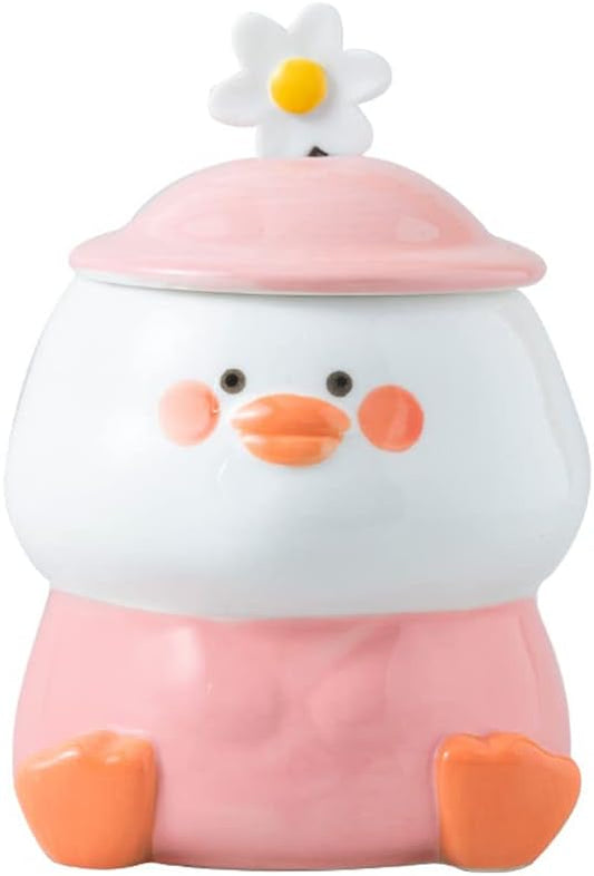 Cute 3D Duck Coffee Mug,Funny Duck Ceramic Coffee Cup with Hat Lid and Lovely Flower Spoon,Suit for mug warmer,Novelty Morning Mug Christmas Birthday Present for Office Friends Women Girls