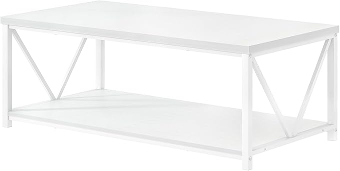EXCEFUR White Coffee Table with Storage Shelf, Modern Rustic Wood and Metal Center Table for Living Room, 47 Inch