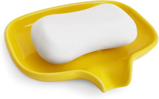 Multi-Color Ceramic Soap Dish for Kitchen or Bathroom, Easy to Clean, Self Draining Soap Holder, Keeps Soap Dry (Yellow)