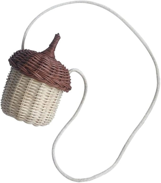 Cute Acorn Basket with Lid: Acorn Shaped Basket Shoulder Bag Hand Woven Rattan Storage Baskets Decorative Picnic Baskets Wicker Crossbody Bag for Girls Women