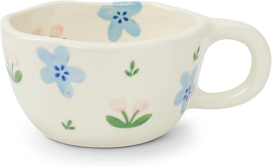 Koythin Ceramic Coffee Mug, Handmade Hot Chocolate Mugs, Cute Cup for Girl Women, Aesthetic Tea Milk Cup with Handle, 8.5 oz/250 ml for Latte, Cocoa, Office, Home (Blue Tulip Flowers)
