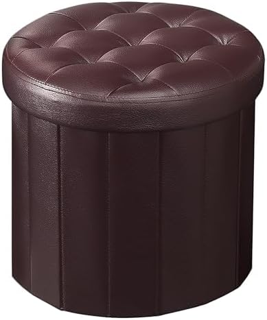 Bsketa® Folding Storage Ottoman Round 14" x 14" x 13"Inch, Foot Stool with Thicker Foam Padded Seat Small Leather Storage Ottoman Bench Foot Rest for Living Room Foldable Coffee Table,Brown