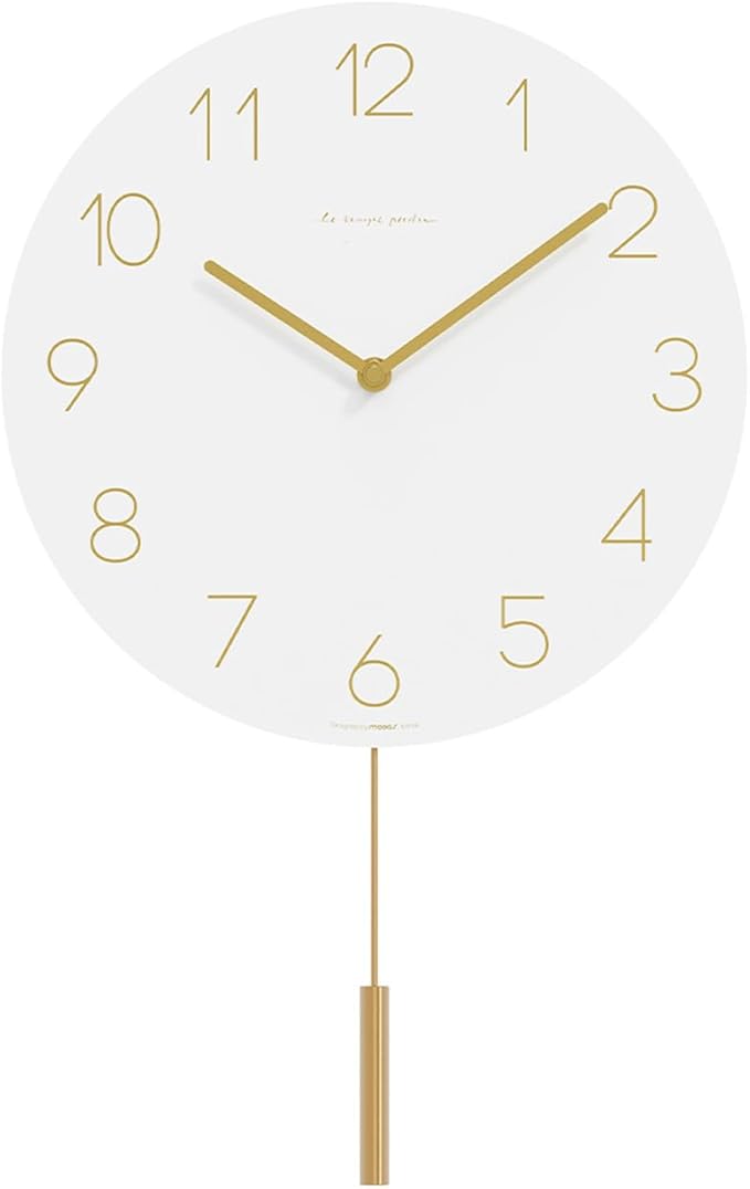 mooas Flatwood Wall Clock Pendulum White,12" Wood Wall Clock Non-Ticking Sweep Movement Decorative Clock Battery Operated Clock for Home Living Room Kitchen Bedroom Office School