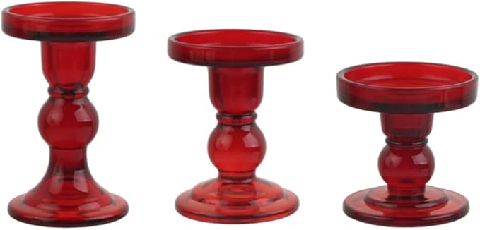 3-Piece Set of Red Glass Candlestick, Crystal Candlestick Holder Holder and Conical Candle, Christmas Candle Holder Decoration, Family Living Room Wedding Candle Holder (red1set)