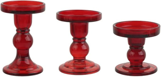 3-Piece Set of Red Glass Candlestick, Crystal Candlestick Holder Holder and Conical Candle, Christmas Candle Holder Decoration, Family Living Room Wedding Candle Holder (red1set)