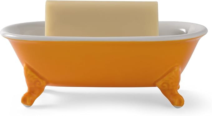 6.5" Ceramic Mini Decorative Clawfoot Bathtub Bar Soap Dish, Kitchen Sponge Holder and Shower Tray for Bathroom, 1 Pack(Golden Yellow)